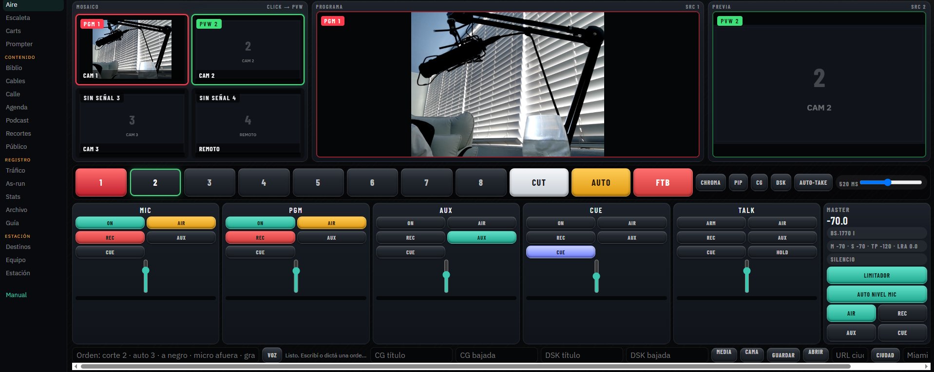 MixIA TV — consola de aire: mosaico, programa, previa, mezclador y salidas